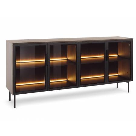 Komoda 180 cm dąb dunin + czarny LED 4-drzwiowa przeszklona LIMA